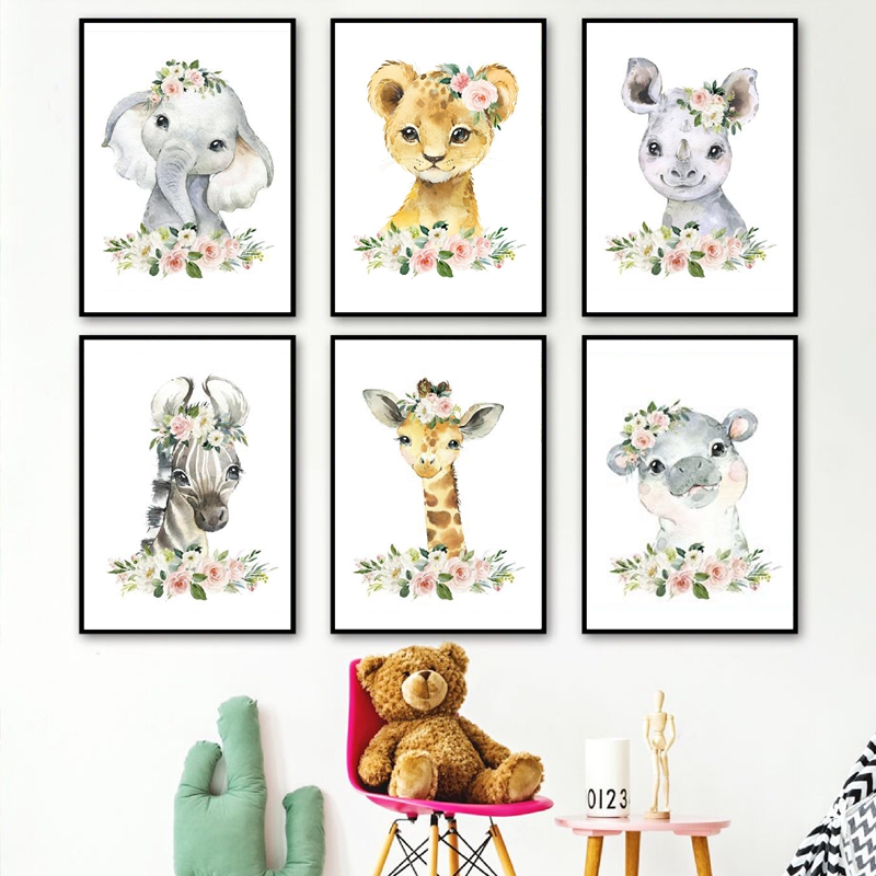 Baby Nursery Girl - ภาพพิมพ์บนผ้าใบลายดอกไม้และสัตว์ป่า ตกแต่งห้องเด็ก ลายช้าง ยีราฟ ภาพวาดติดผนัง โปสเตอร์สไตล์นอร์ดิก