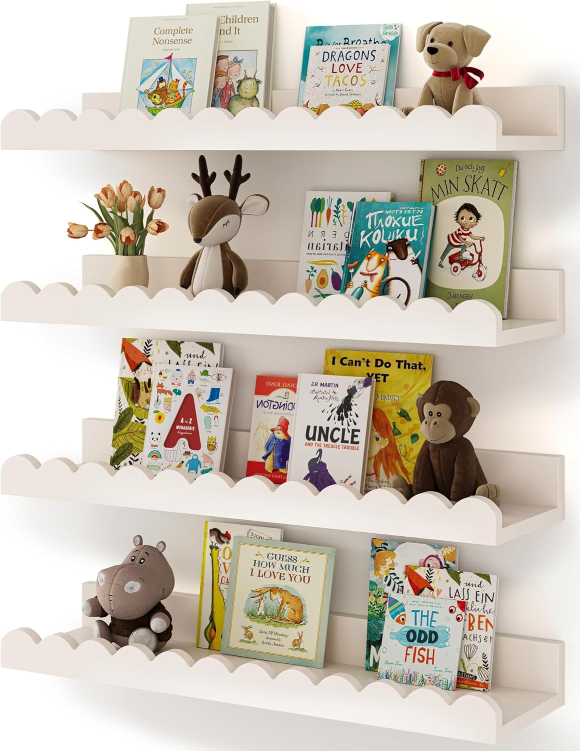 Baby Nursery Bookshelf - ชุดชั้นวางหนังสือเด็กแบบลอยตัวสีขาว 4 ชิ้น พร้อมขอบหยัก ติดผนังสำหรับโชว์หนังสือในห้องเด็กเล็ก ห้องทารก