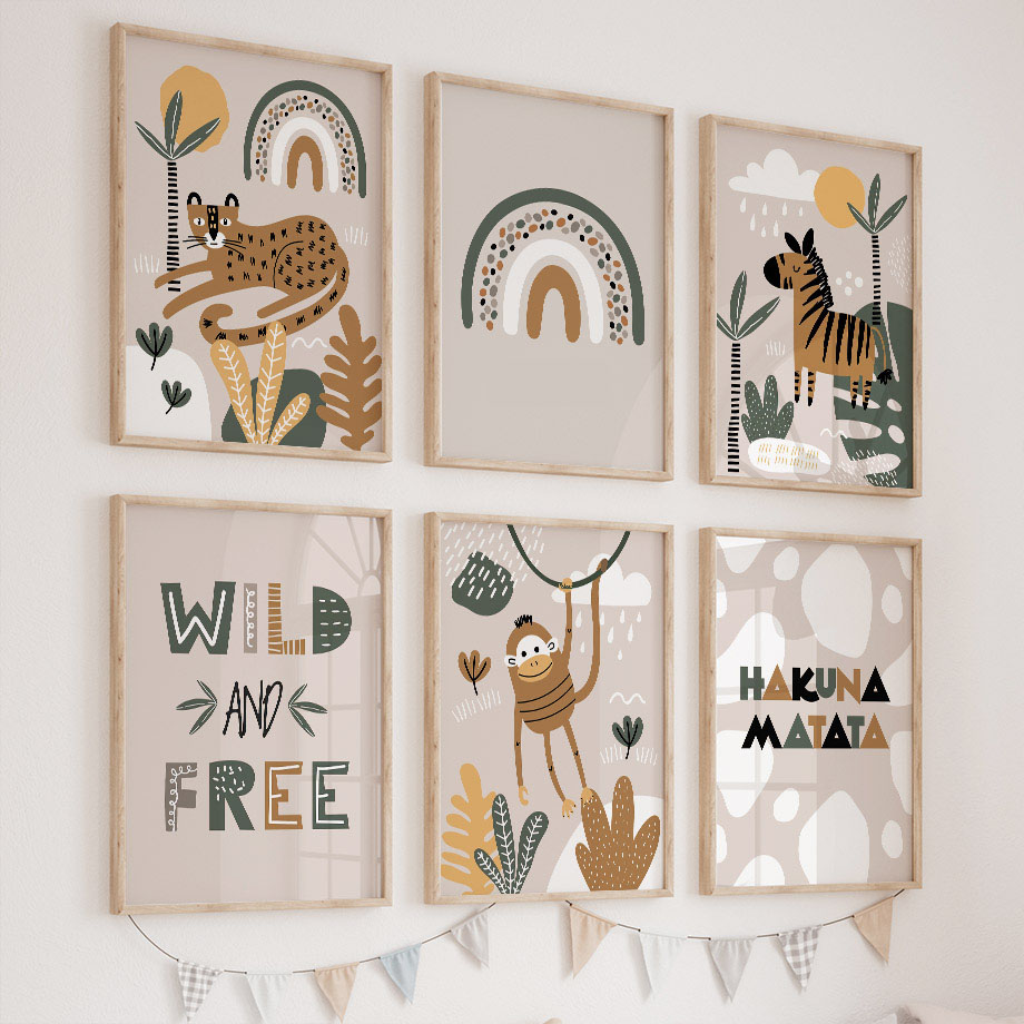 Baby Nursery Jungle Animals - ภาพพิมพ์บนผ้าใบลายเสือดาว ม้าลาย ลิง สัตว์ป่าในป่า สำหรับตกแต่งห้องเด็ก ภาพพิมพ์สไตล์นอร์ดิก