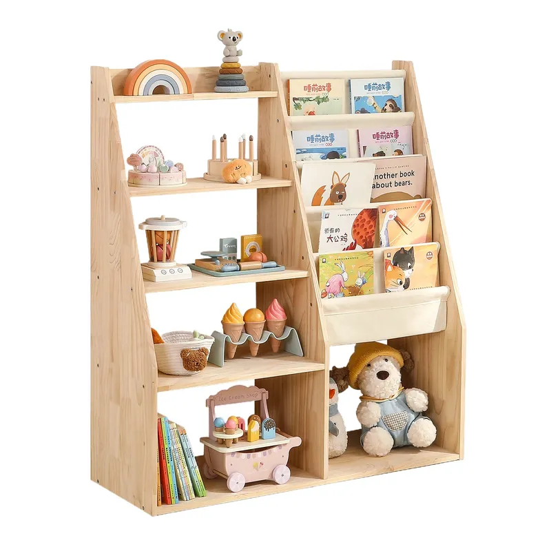Baby Nursery Bookshelf - ชั้นวางหนังสือเด็กไม้เนื้อแข็ง ชั้นเก็บของเล่น 2-in-1 ตู้เก็บของสำหรับเด็ก สำหรับห้องเด็กเล่น