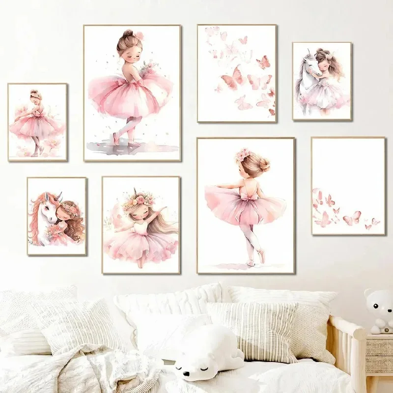 Baby Nursery Girl - สีชมพูบัลเลริน่าสาวยูนิคอร์นผีเสื้อโปสเตอร์ห้องเด็กตกแต่งผ้าใบโปสเตอร์ศิลปะบนผนังเนอสเซอรี่โปสเตอร์ตกแต่งห้องนอนเด็ก