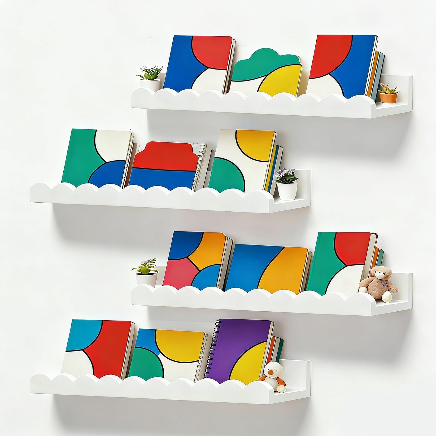 Baby Nursery Bookshelf - ชุดชั้นวางหนังสือสำหรับเด็กแบบลอยตัวสีขาว 4 ชิ้น พร้อมขอบหยัก ติดผนัง เหมาะสำหรับตกแต่งห้องนอนเด็ก