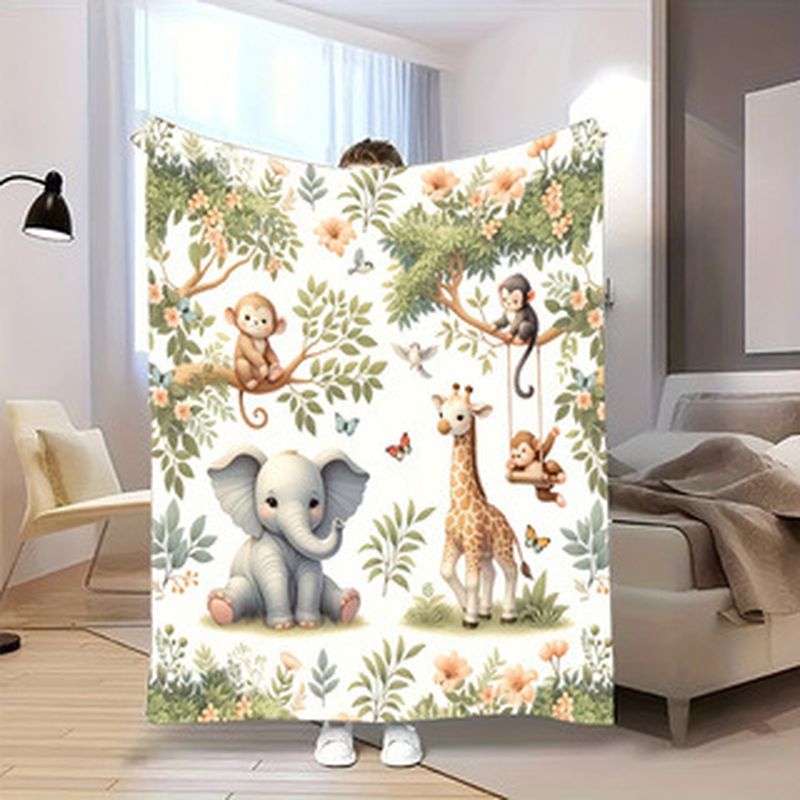 Baby Nursery Jungle Animals - VIKAMA ผ้าห่มเด็กสัตว์ป่าสีน้ำ ลายช้าง ยีราฟ ลิง ผ้าฟลานเนลนุ่ม