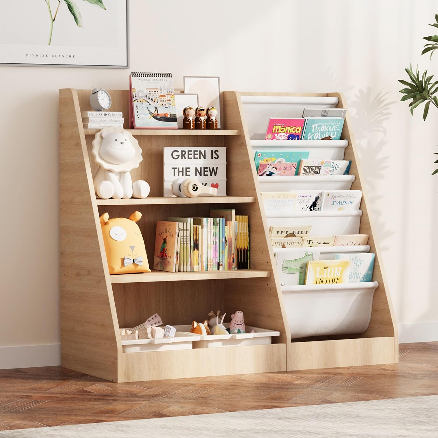 Baby Nursery Bookshelf - ชั้นวางหนังสือไม้สำหรับเด็ก 4 ชั้น พร้อมช่องเก็บของ 5 ช่อง,