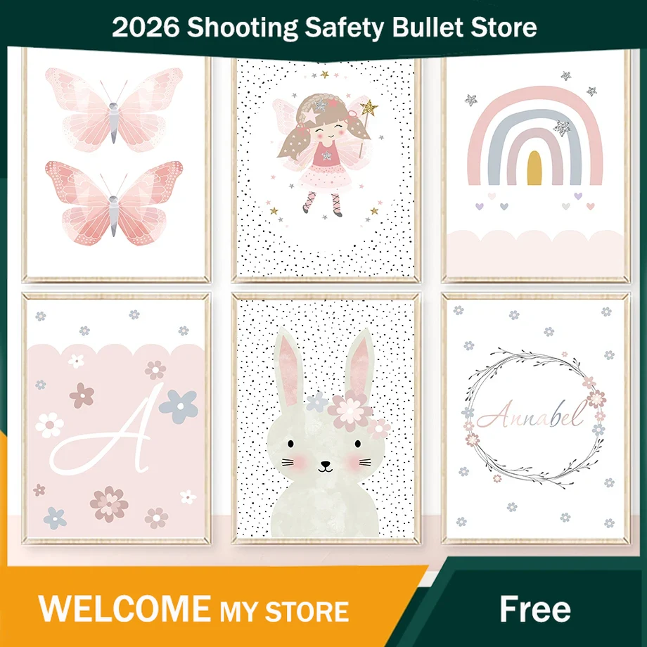 Baby Nursery Girl - ภาพวาดบนผืนผ้าใบลายกระต่ายสาวน้อยน่ารัก ดอกไม้ ผีเสื้อ สายรุ้ง สำหรับตกแต่งผนังห้องเด็ก โปสเตอร์และภาพพิมพ์สำหรับตกแต่งห้องเด็กอ่อน