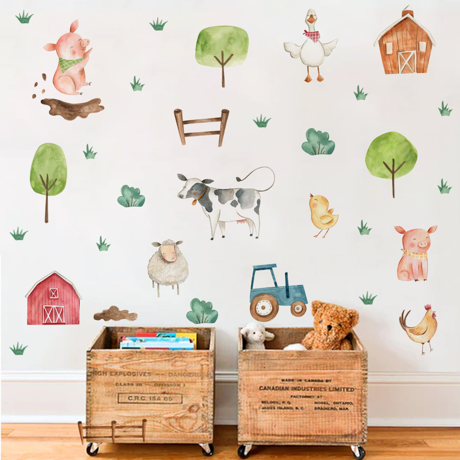 Baby Nursery Package - Boho ภาพสีน้ำน่ารักติดฟาร์มสัตว์หมูสติ๊กเกอร์สำหรับเด็กติดผนังห้องเด็กอ่อนรูปลอกติดผนังภาพจิตรกรรมฝาผนังการตกแต่งบ้าน