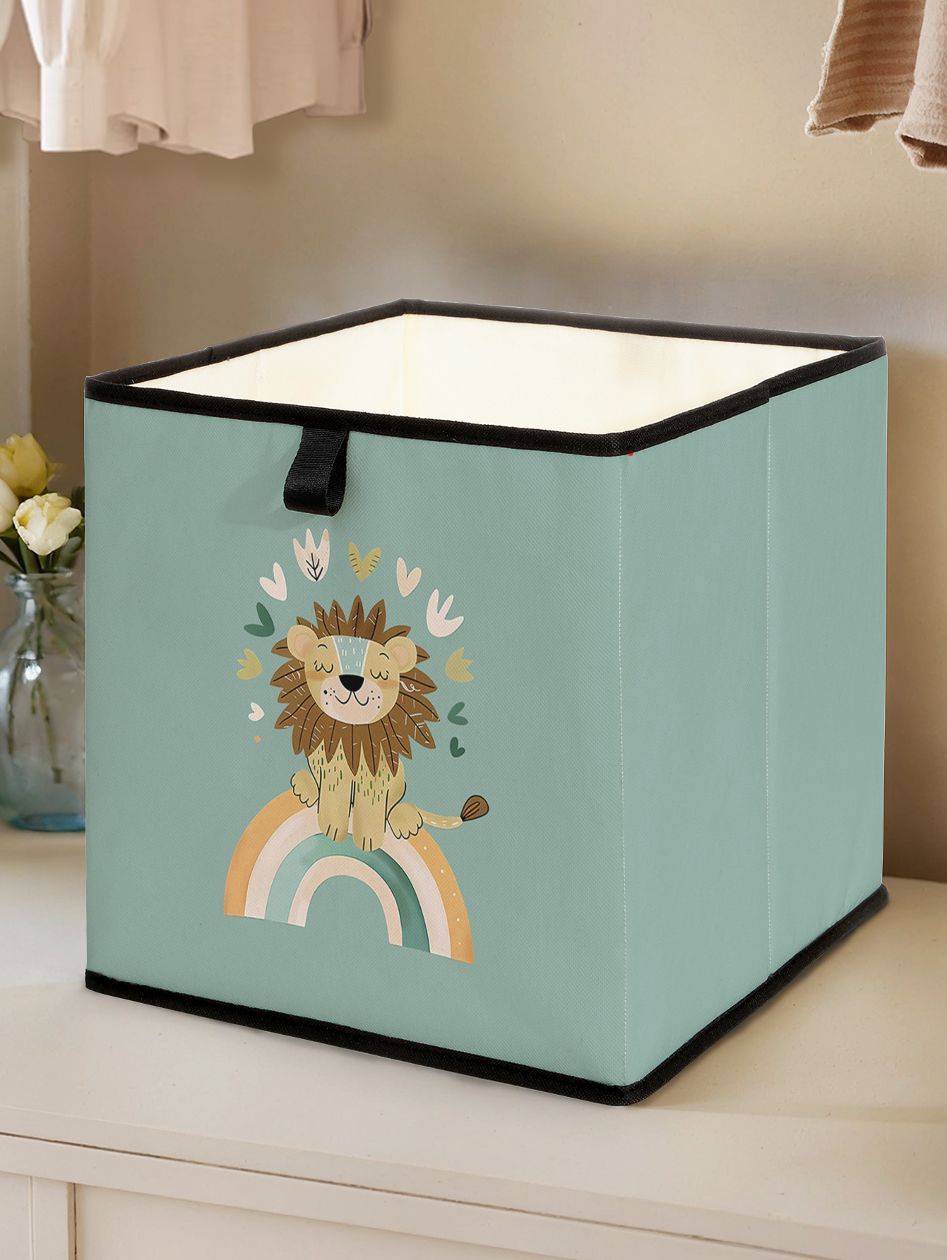 Closet Organizer Baby - กล่องเก็บของพับได้ลายสิงโตน่ารักสีรุ้ง กล่องผ้าจัดระเบียบแบบพับได้สำหรับของเล่นเด็ก เสื้อผ้า และของใช้จิปาถะประจำวัน