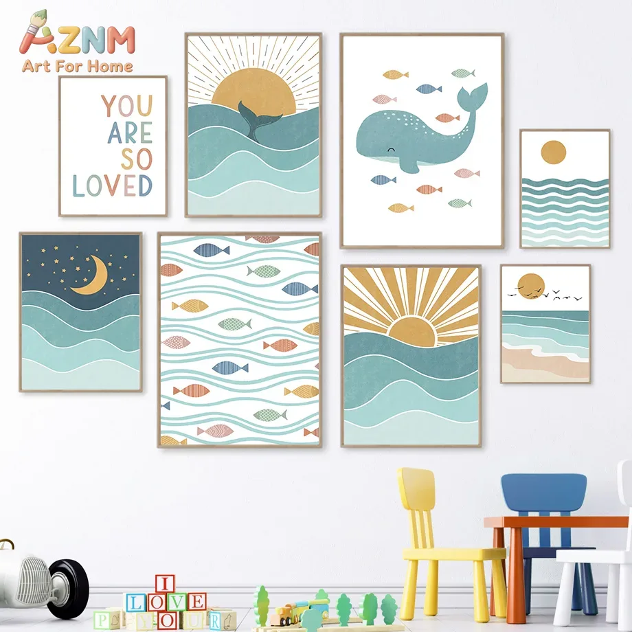 Baby Nursery Girl - ภาพพิมพ์บนผ้าใบลายโบโฮ AZNM ลายมหาสมุทร วาฬ ปลา คลื่น