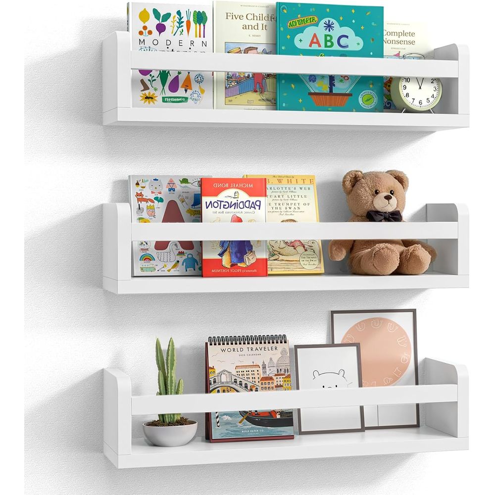 Baby Nursery Bookshelf - ชุดชั้นวางหนังสือเด็กและทารกสีขาวทำจากไม้ ติดผนัง ขนาด 16.5 นิ้ว สำหรับห้องเด็กอ่อนและห้องนอน