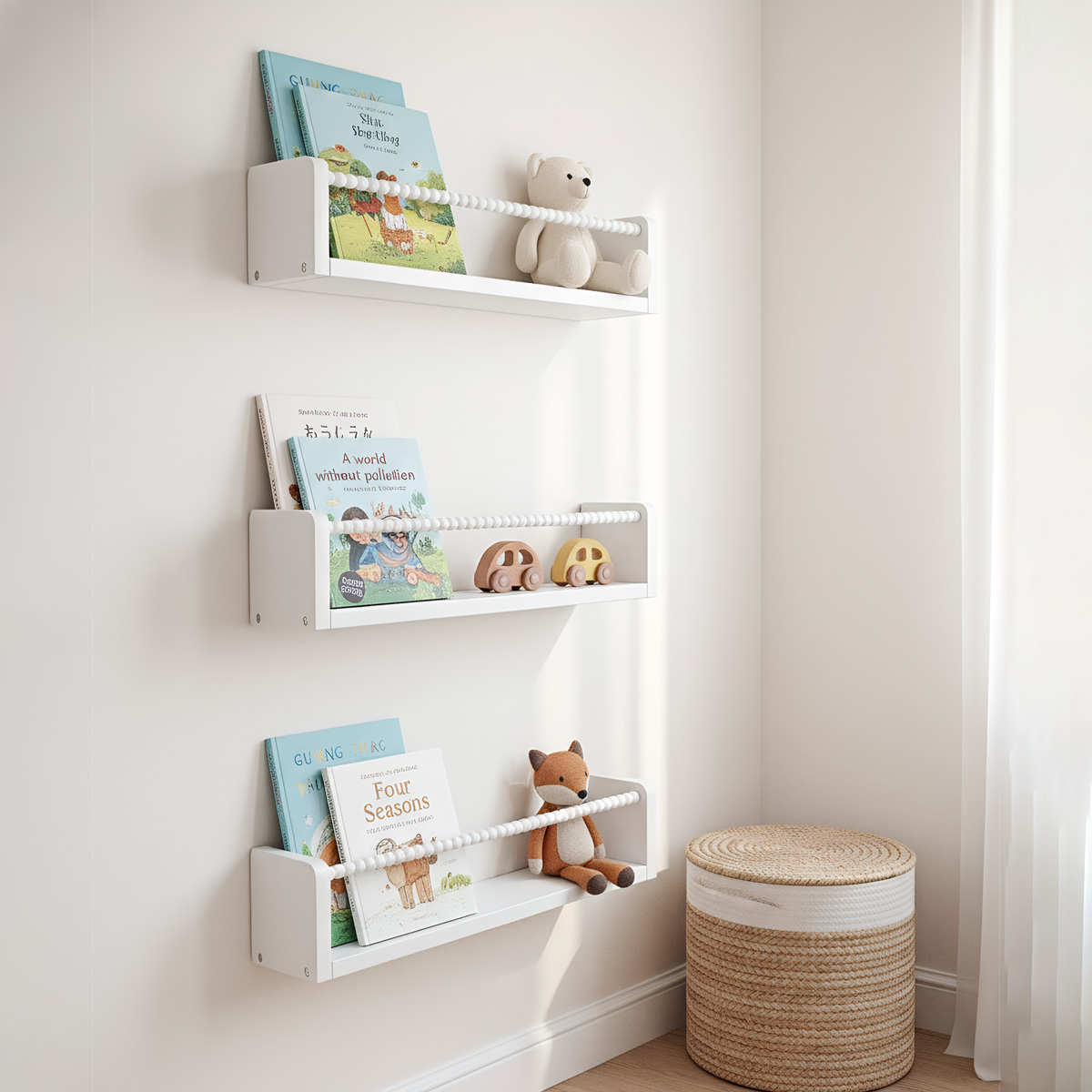 Baby Nursery Bookshelf - ชั้นวางหนังสือสำหรับห้องเด็ก, ชั้นวางหนังสือไม้แบบแขวนผนังขนาด 15.7 นิ้ว ชุด 3