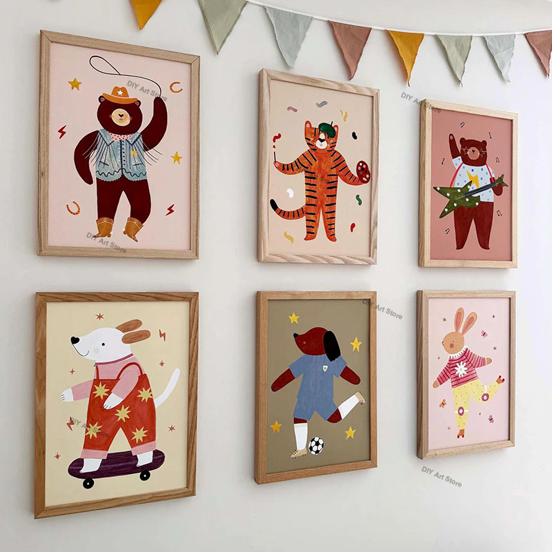 Baby Nursery Modern - ภาพวาดการ์ตูนสัตว์น่ารักสำหรับตกแต่งผนังห้องเด็ก ภาพพิมพ์บนผ้าแคนวาส หมี เสือ กระต่าย หนู