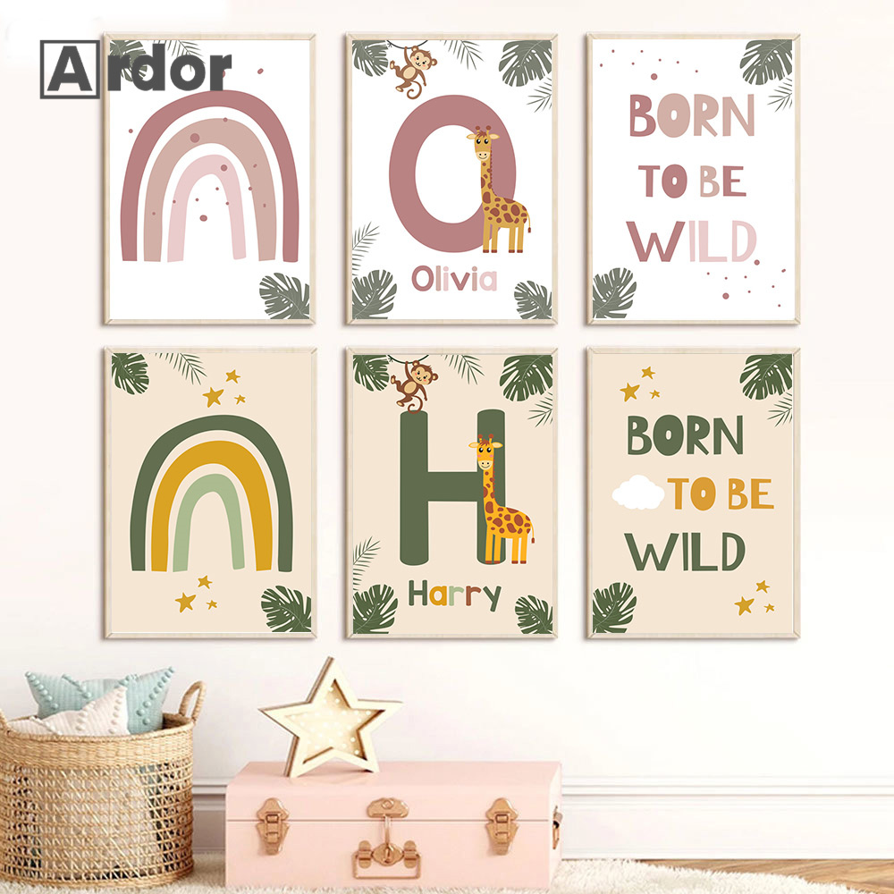 Baby Nursery Jungle Animals - Nordic สัตว์ป่าโปสเตอร์ที่กําหนดเองชื่อภาพวาดผ้าใบ Rainbow Wall Art พิมพ์เนอสเซอรี่ภาพโปสเตอร์สําหรับเด็กทารกตกแต่งห้อง
