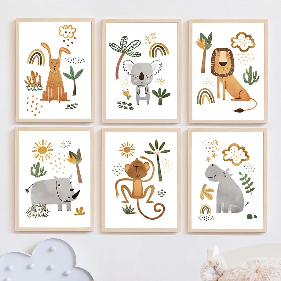Baby Nursery Jungle Animals - ภาพวาดสัตว์ป่าในป่า ลายสิงโต ช้าง ยีราฟ แรด สำหรับตกแต่งผนังห้องเด็ก