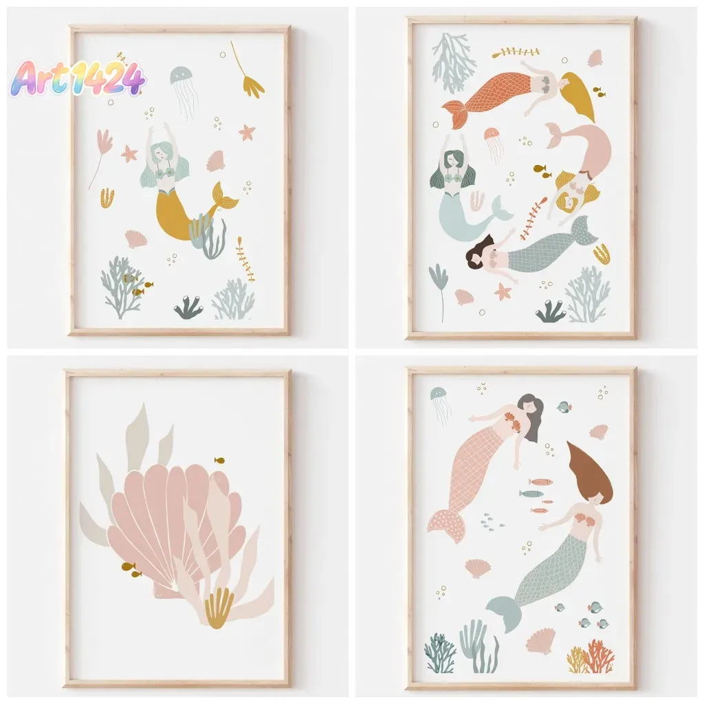 Baby Nursery Ocean Theme - ภาพพิมพ์ตกแต่งผนังธีมทะเลสไตล์โบโฮ สีชมพู ลายเปลือกหอย โปสเตอร์ผ้าแคนวาสลายเงือก สำหรับตกแต่งห้องนอนเด็กผู้หญิง