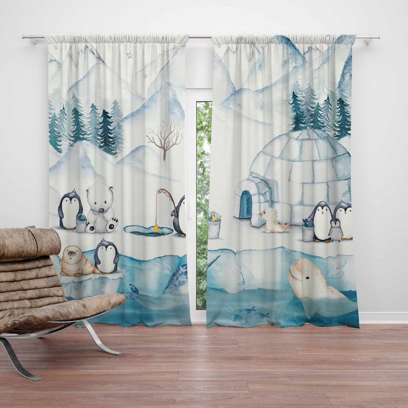 Baby Nursery Blackout Curtains - ผ้าม่านห้องเด็ก ลายสัตว์อาร์กติก ผ้าม่านกันแสงสำหรับห้องเด็ก ตกแต่งห้องเด็กอ่อน ห้องนอนเด็ก ห้องนั่งเล่น