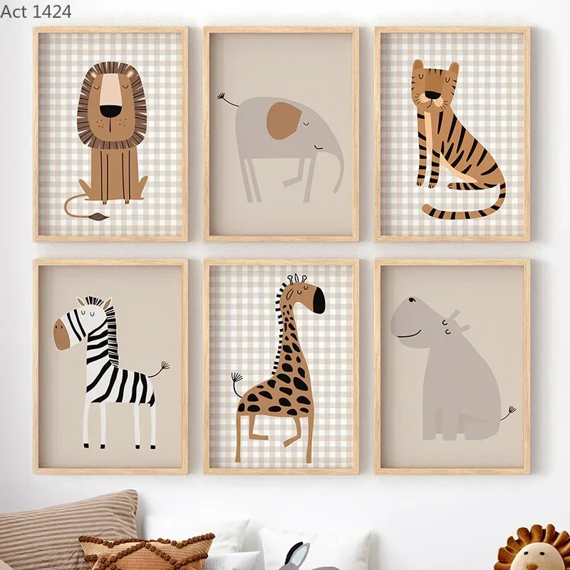Baby Nursery Jungle Animals - สิงโต เสือ ช้าง ยีราฟ สัตว์ป่า ภาพวาดบนผ้าใบสำหรับตกแต่งผนังห้องเด็ก