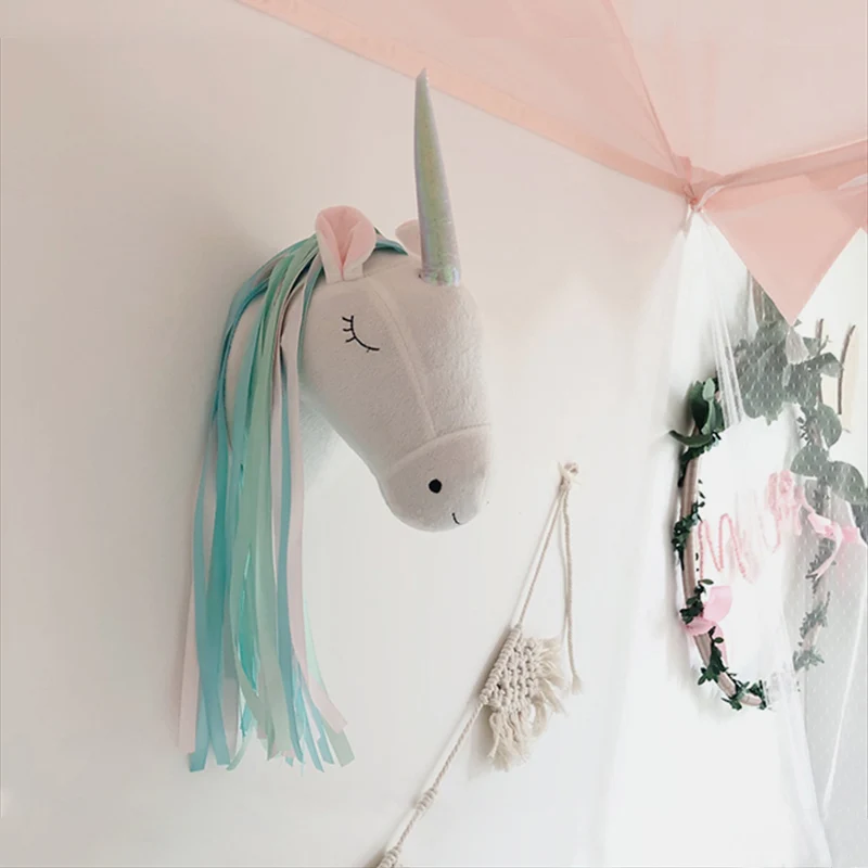 Baby Nursery Girl - หัวตุ๊กตายูนิคอร์นสำหรับตกแต่งผนัง สไตล์นอร์ดิก ตกแต่งห้องเด็ก ของตกแต่งผนังห้องนอนเด็ก ของขวัญวันเกิดสำหรับเด็กผู้หญิง