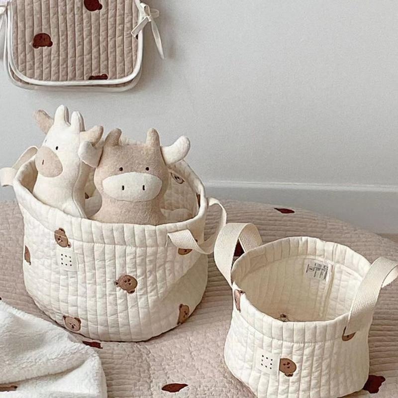 Closet Organizer Baby - หมีน่ารักเย็บปักถักร้อยกระเป๋าผ้าอ้อมผ้าอ้อมผ้าฝ้ายกระเป๋าแม่ทารกแรกเกิดเด็กทารกเก็บกระเป๋าตะกร้าสําหรับซักรีดเสื้อผ้าของเล่น