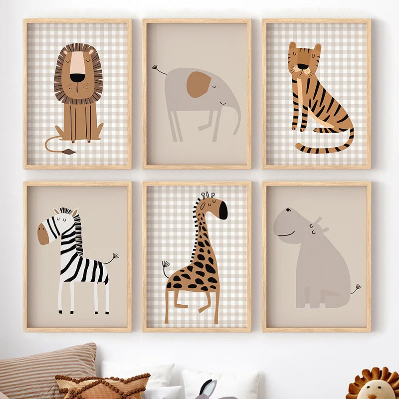 Baby Nursery Jungle Animals - ภาพพิมพ์บนผ้าใบลายสัตว์ป่า 1 ชิ้น รูปสิงโต เสือ ช้าง