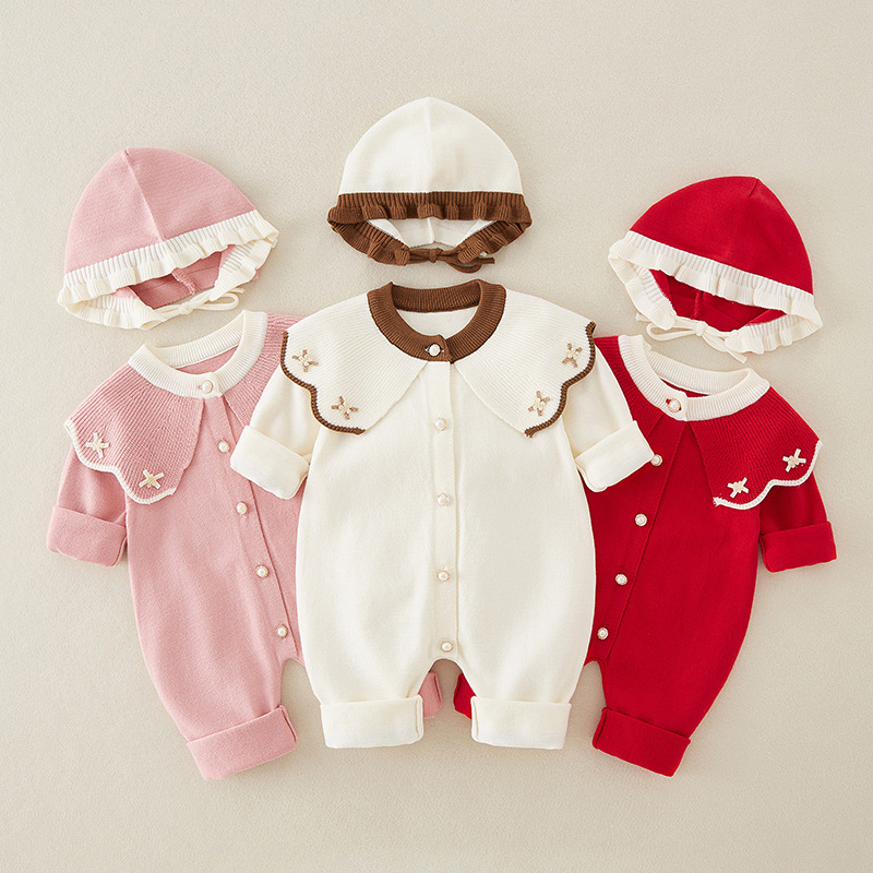 Baby Nursery Embroidery - ทารกแรกเกิดเสื้อผ้าเด็กฤดูใบไม้ผลิและฤดูใบไม้ร่วงเด็กถักJumpsuitเด็กเย็บปักถักร้อยPatchworkกับหมวกยาวRompers