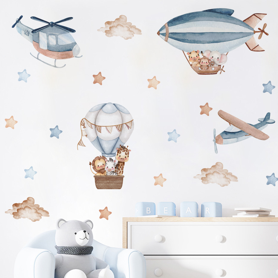 Baby Nursery Package - สีน้ําสัตว์ Hot Air บอลลูนเมฆสติ๊กเกอร์ติดผนังสําหรับห้องเด็ก Baby Nursery