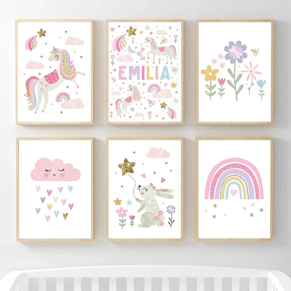 Baby Nursery Girl - สีชมพูยูนิคอร์นกระต่ายสายรุ้งเมฆดอกไม้ศิลปะบนผนังสำหรับสถานรับเลี้ยงเด็กภาพวาดผ้าใบโปสเตอร์และภาพพิมพ์ภาพติดผนังเด็กทารกตกแต่งห้อง