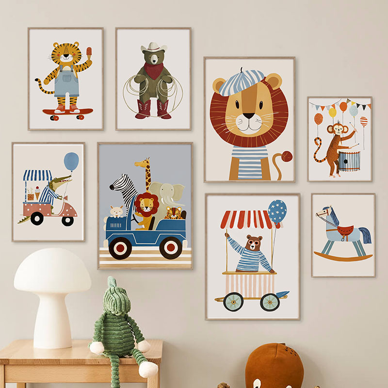 Baby Nursery Modern - ภาพวาดการ์ตูนสัตว์ตลกๆ สำหรับตกแต่งผนังห้องเด็ก ภาพพิมพ์บนผ้าใบ ลายสิงโต หมี เสือ