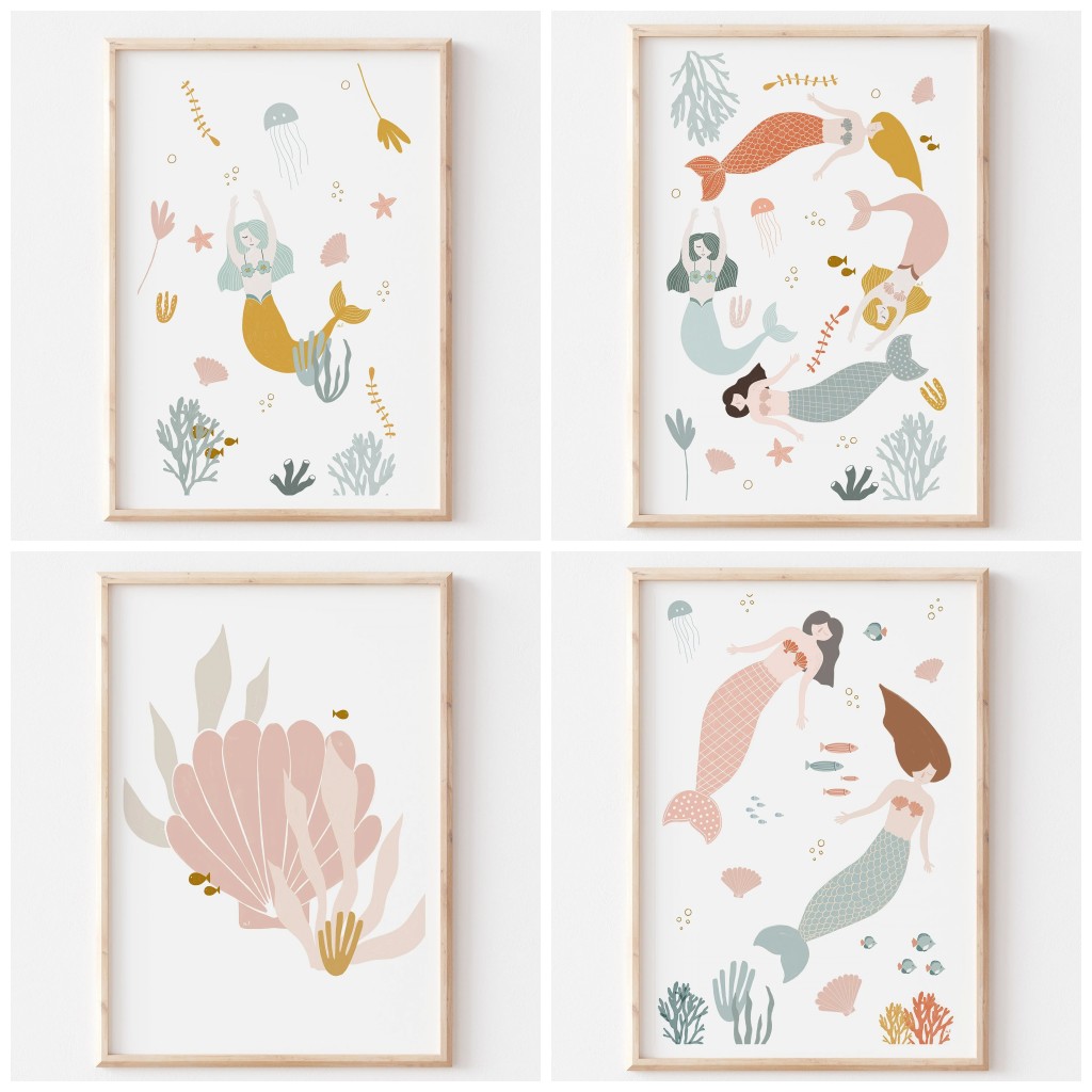 Baby Nursery Ocean Theme - ภาพพิมพ์ตกแต่งผนังธีมมหาสมุทรสไตล์โบโฮ สีชมพู ลายเปลือกหอย โปสเตอร์ภาพวาดบนผ้าใบ ลายนางเงือก สำหรับตกแต่งห้องเด็กผู้หญิง