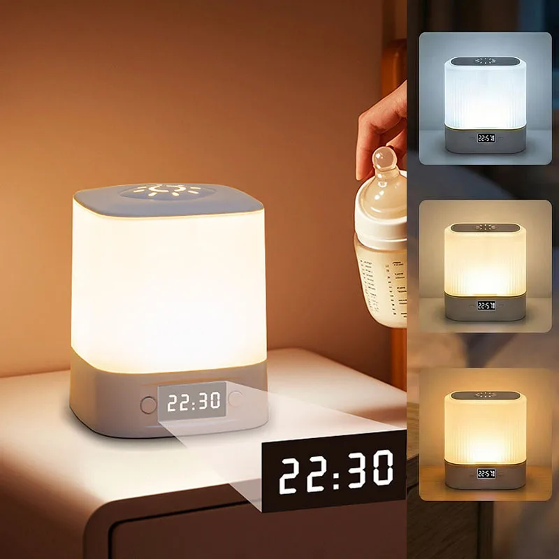 Baby Nursery Night Light - ไฟ LED กลางคืนแบบตั้งโต๊ะ, โคมไฟข้างเตียงแบบสัมผัสพร้อมรีโมทคอนโทรล, ไฟกลางคืนแบบพกพาสำหรับเด็กทารกและเด็กเล็กพร้อมนาฬิกา, ปรับความสว่างได้
