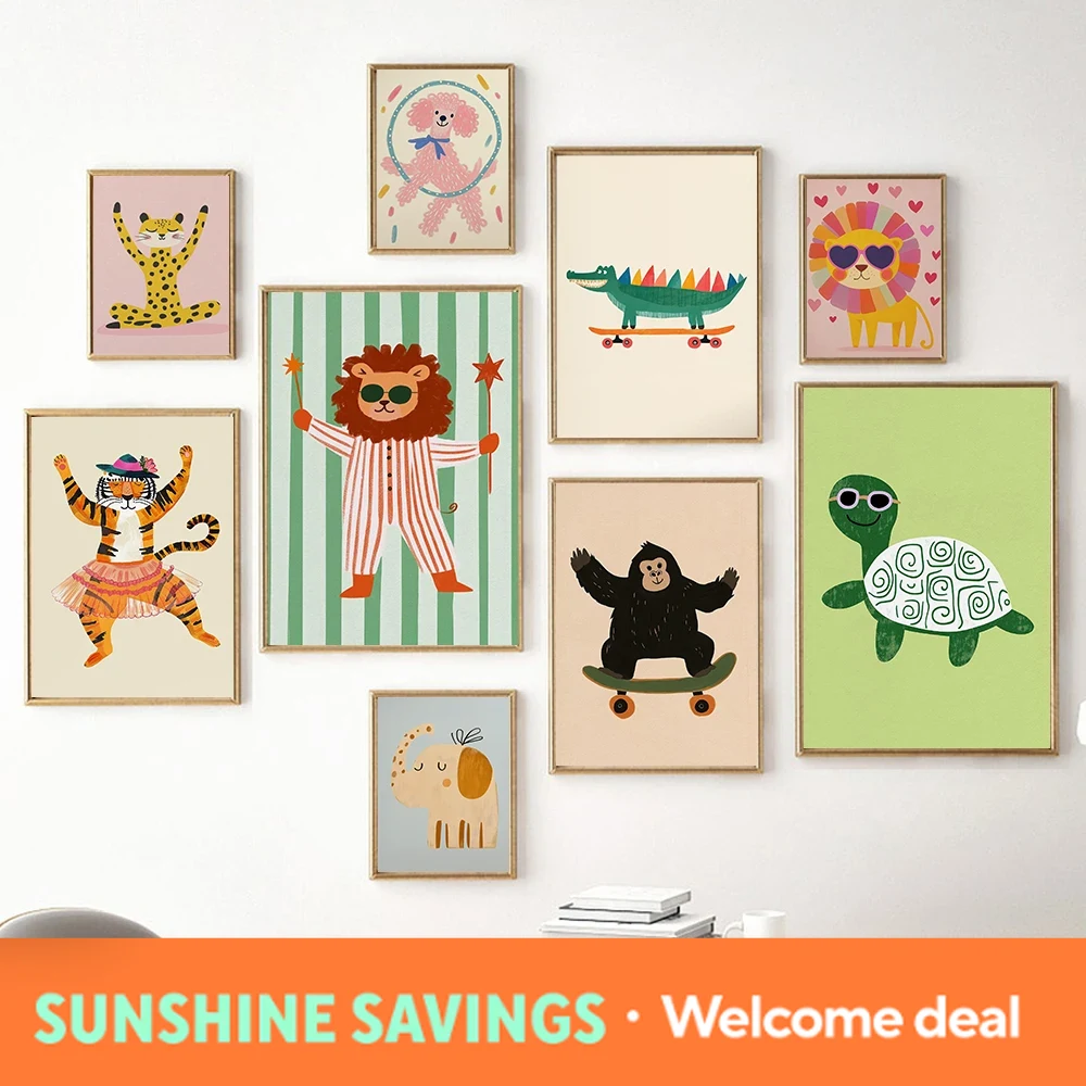 Baby Nursery Jungle Animals - ภาพพิมพ์ลายเสือโยคะ ช้าง สิงโต สำหรับตกแต่งผนังห้องเด็ก ลายสัตว์ซาฟารี ของตกแต่งห้องเด็ก