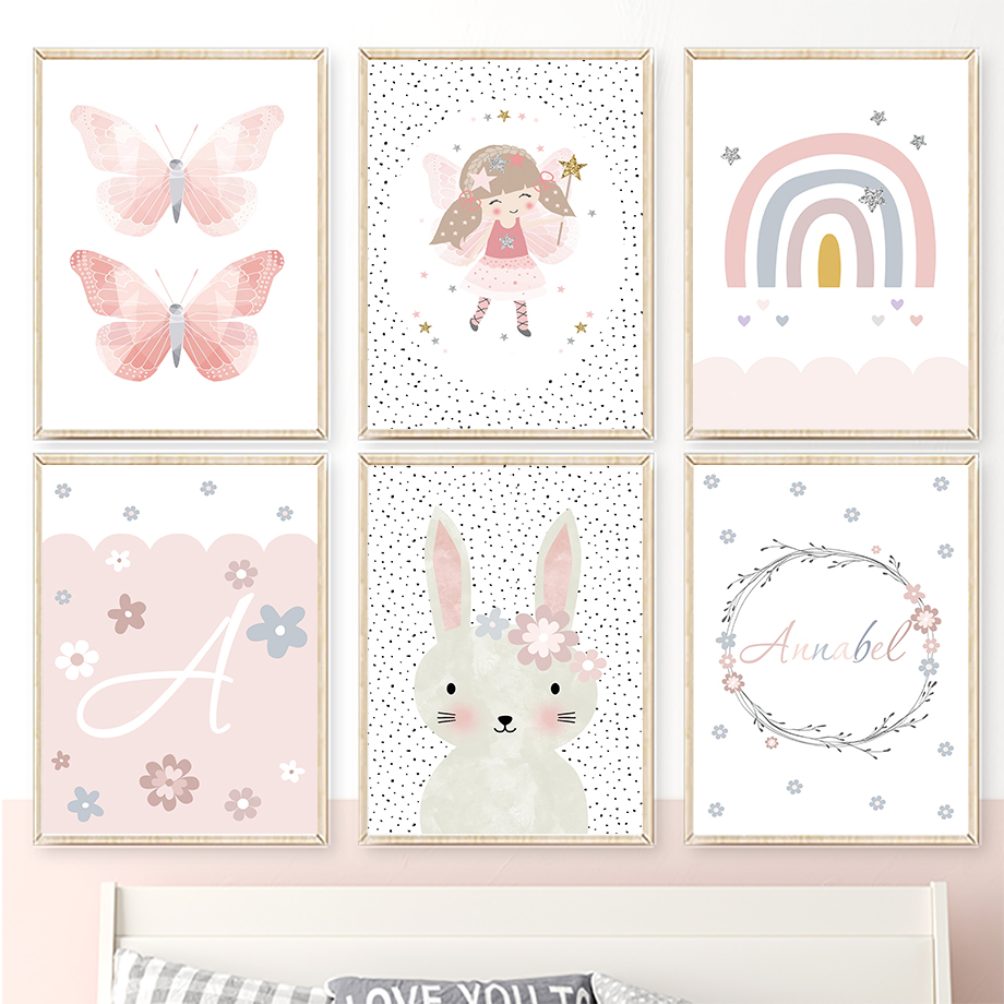 Baby Nursery Girl - ภาพวาดบนผืนผ้าใบลายกระต่ายสาวน้อยน่ารัก ดอกไม้ ผีเสื้อ สายรุ้ง สำหรับตกแต่งผนังห้องเด็ก โปสเตอร์และภาพพิมพ์ติดผนังสำหรับห้องเด็กอ่อน