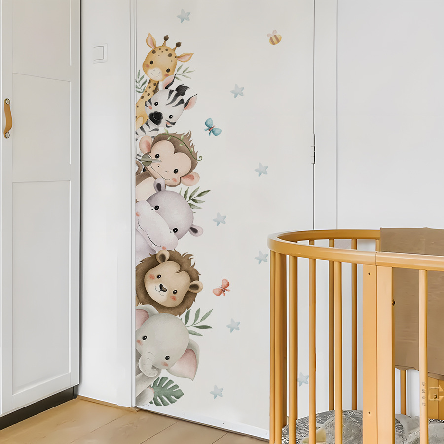 Baby Nursery Jungle Animals - สติกเกอร์สีน้ําน่ารักสัตว์ป่าช้างยีราฟสติ๊กเกอร์ติดผนังสําหรับห้องเด็ก Baby Nursery Room Decals Home