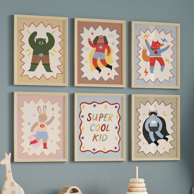 Baby Nursery Modern - ภาพวาดการ์ตูนตลกๆ สุดเท่ห์ สำหรับตกแต่งผนังห้องเด็ก ลายหมี กระต่าย สุนัขจิ้งจอก