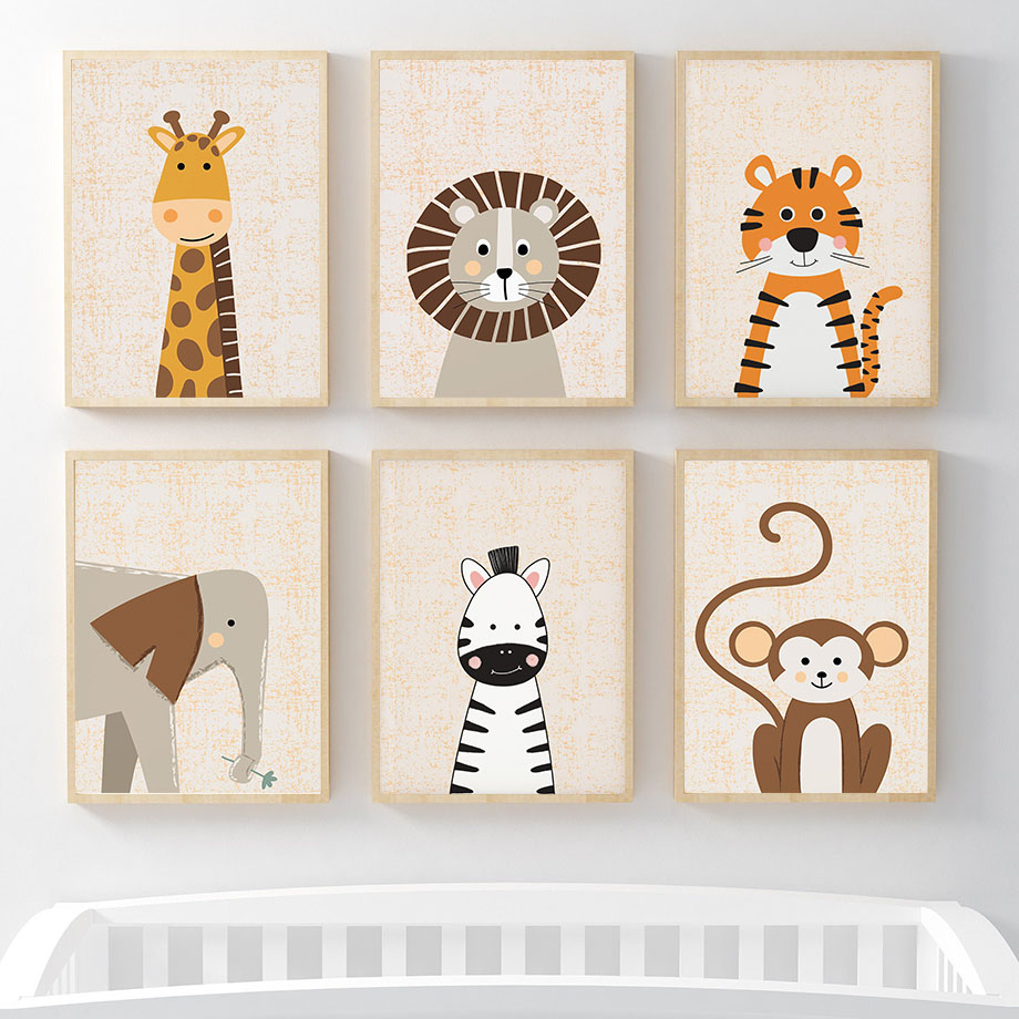 ภาพวาดบนผ้าใบลายสิงโต ยีราฟ ช้ - Baby Nursery Jungle Animals บทวิจารณ์และราคา